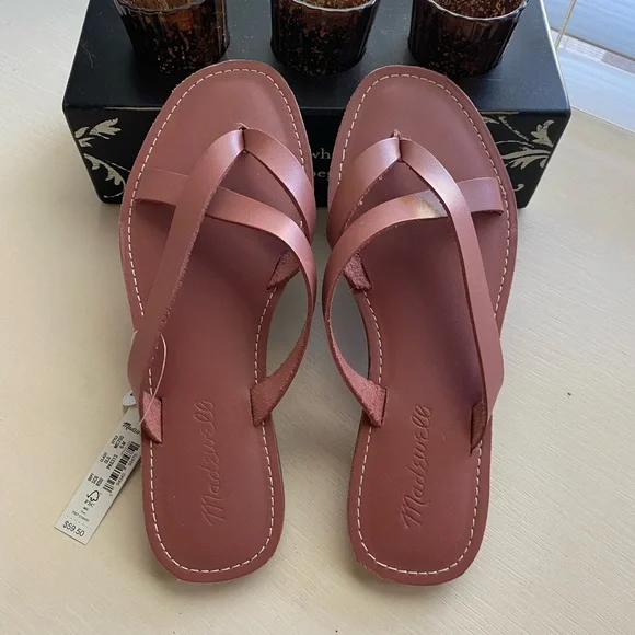 Madewell Rose Leather Boardwalk Crisscross Thong Sandals Size 6 - Picture 8 of 9